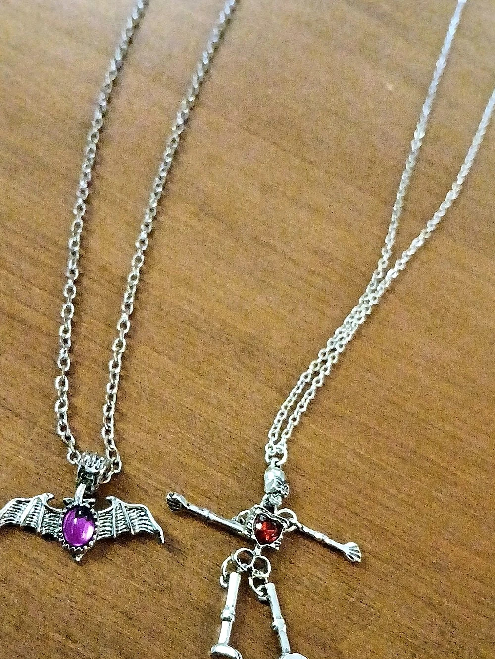 Halloween Bat & Skeleton Pendant Necklaces  in Silver Tone ,Purple & Red Stones